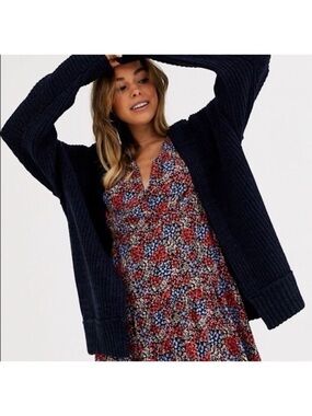Free People High Hopes Navy Blue Black Combo Ribbed Open-Front Cardigan, size M